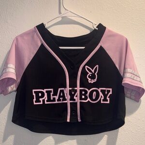 PLAYBOY Black and Pink Cropped Baseball Jersey